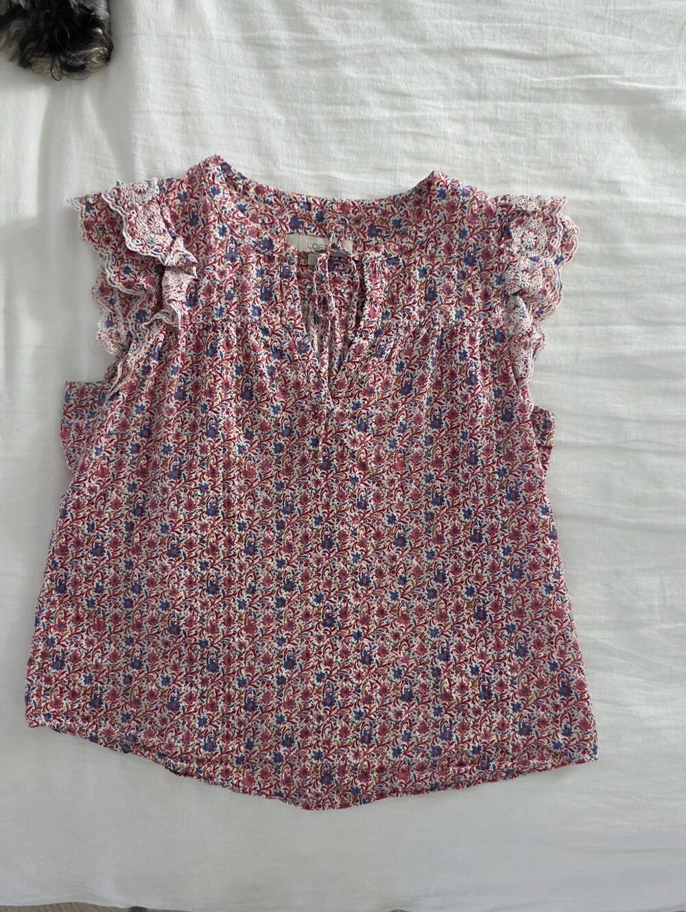 LOFT Floral Paisley Eyelet Ruffle Sleeve Blouse Tie Neck Boho Top S